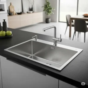 Sleek single bowl kitchen sinks installed in a contemporary kitchen countertop, showcasing its spacious design.
