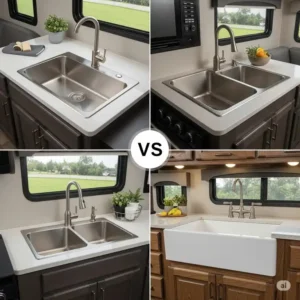 Comparison of various RV kitchen sink types, including single bowl, double bowl, and farmhouse styles.