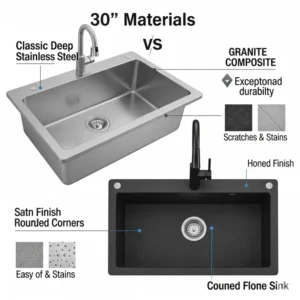 An illustration depicting various material options for a 30 kitchen sink, including durable stainless steel and elegant granite composite.