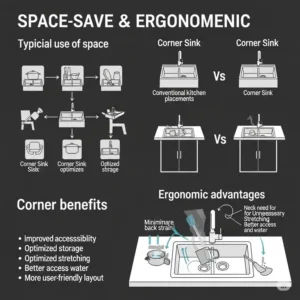 Infographic showcasing the space-saving and ergonomic benefits of installing a corner kitchen sink in compact or uniquely shaped kitchens.