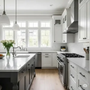 Spacious kitchen with black kitchen cabinet pulls adding a sophisticated touch to all cabinetry, against a light backsplash.