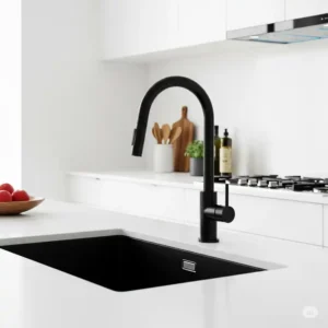 Contemporary black kitchen faucet with a matching black sink, serving as essential black kitchen hardware, providing a sophisticated contrast in a white kitchen.