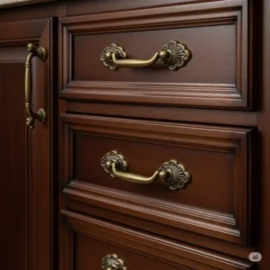 "Detail shot of antique bronze drawer handles on dark wood kitchen drawers, demonstrating how these hardware pieces enhance the aesthetic and functionality of kitchen storage."