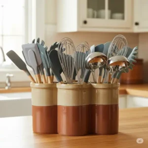 A spacious ceramic kitchen utensil holder neatly organizing a variety of essential cooking utensils like spatulas, whisks, and ladles.