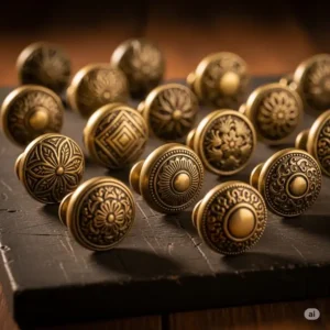 A curated collection of diverse antique brass kitchen hardware knobs, highlighting various styles.