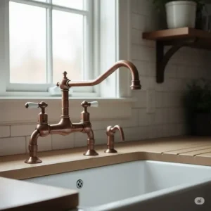 Elegant gooseneck copper kitchen hardware faucet over a farmhouse sink, highlighting the rich patina and classic design.