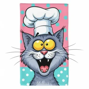 Whimsical illustration of a funny kitchen towel adorned with a cartoon cat wearing a chef's hat and a comical expression.