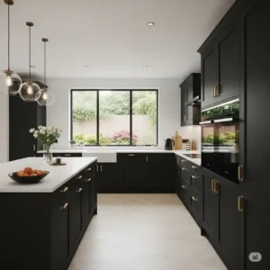 Sleek, modern kitchen featuring matte black cabinets with contrasting shiny gold kitchen cabinet handles, adding a touch of luxury.