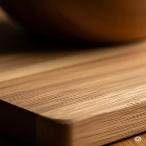 Close-up of a high-quality, artisan-crafted kitchen accessories wooden cutting board with a rich grain, perfect for food preparation and serving, emphasizing its durability and natural aesthetic.