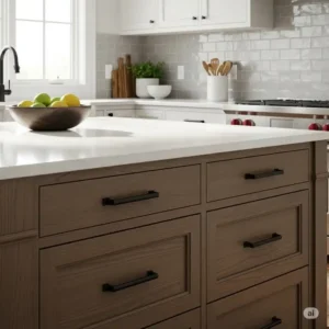 "Stylish kitchen island featuring matte black kitchen hardware drawer pulls and a light countertop, adding a sophisticated touch."