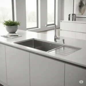 Undermount kitchen sink with drainboard installed in a contemporary kitchen design.