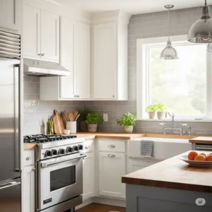 Bright and airy kitchen with a light grey ceramic tile backsplash, adding subtle texture to the space.