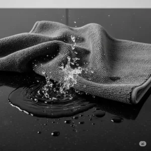 A luxury kitchen towel quickly and efficiently absorbing spilled water on a countertop, demonstrating its superior absorbency.