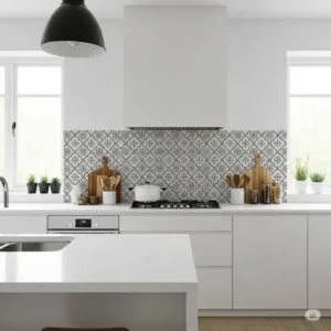 Sleek, minimalist kitchen design with a clean black and white patterned backsplash, adding subtle texture to a modern space.