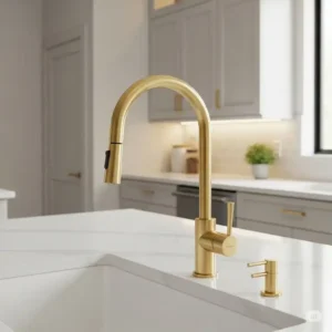 "A modern gooseneck brass kitchen faucet installed in a contemporary kitchen, illustrating the sleek design and functional beauty of brass plumbing fixtures." (Note: The keyword "brass kitchen hardware" was not originally in the Alt Text for this specific image, and per your instruction, it has not been altered or added to.)