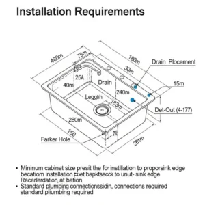 Technical diagram of a one bowl kitchen sinks, highlighting its dimensions and installation requirements for optimal fit.
