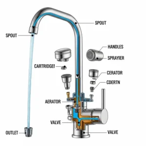 Diagram highlighting the different components of parts of a kitchen sink faucet, such as the spout, handles, and sprayer.