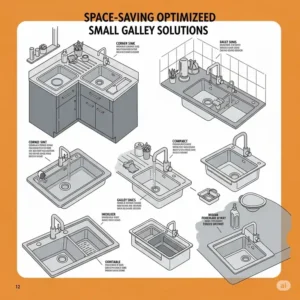 Illustration showcasing space-saving sink ideas for small galley kitchens, including compact single bowl options.
