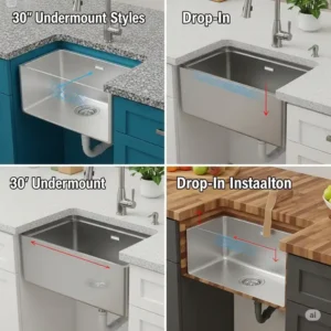 Visual representation of different installation styles for a 30 kitchen sink, such as seamless undermount and traditional drop-in.