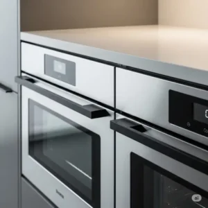 Integrated black handles on stainless steel kitchen appliances, enhancing the modern aesthetic with black kitchen hardware.