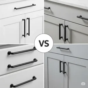 Comparison of black kitchen cabinet pulls on crisp white and soft grey cabinetry, demonstrating versatile styling options.