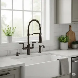"Elegant bronze kitchen faucet with a pull-down sprayer, installed over a farmhouse sink, showing how bronze hardware can be a focal point in a kitchen."