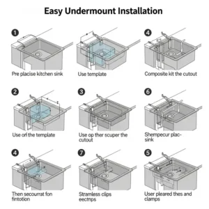 Diagram illustrating the easy undermount installation process for a composite kitchen sinks.