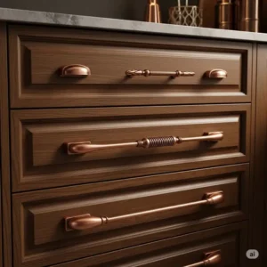 Array of stylish copper kitchen hardware drawer handles on dark wood kitchen drawers, illustrating how they can complement various decor styles.