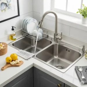 Close-up view of a practical double-bowl corner kitchen sink, ideal for multitasking with separate basins for washing and rinsing.