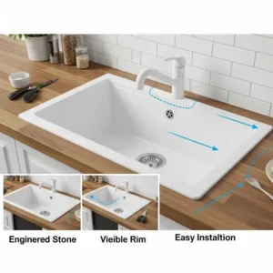 Top-mount or drop-in kitchen sink white with a visible rim, easy to install in various countertop materials.