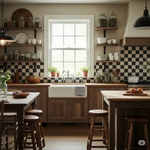 Rustic farmhouse kitchen featuring a charming black and white checkerboard backsplash, paired with distressed wood cabinetry and open shelving.