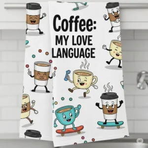 Detailed illustration of a funny kitchen towel with a playful design incorporating coffee cups and a witty saying about morning caffeine.