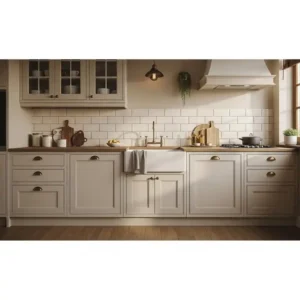 Classic cream-colored kitchen cabinets adorned with antique gold kitchen cabinet handles, complementing a farmhouse sink and subway tile backsplash.