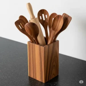 Stylish kitchen accessories wooden utensil holder filled with various wooden kitchen tools, providing an organized and accessible storage solution for any kitchen countertop.