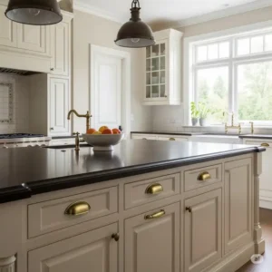 Stylish kitchen island featuring antique brass cup pulls, enhancing the traditional design of antique brass kitchen hardware.