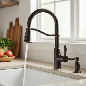 A sleek, gooseneck oil rubbed bronze kitchen faucet installed in a farmhouse sink, showing the rich, dark brown finish.