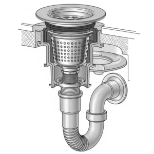 Detailed illustration of a parts of a kitchen sink drain assembly, showing the strainer, flange, and tailpiece.