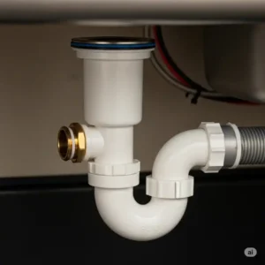 Close-up view of an RV kitchen sink drain assembly, highlighting P-trap and connections.