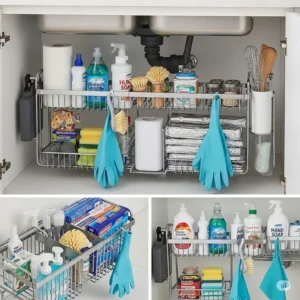 Practical under-sink storage rack organizing cleaning supplies and kitchen essentials.