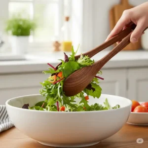 Elegant wooden salad tongs serving a fresh green salad in a large bowl, demonstrating their practicality and aesthetic appeal for serving, essential wooden kitchen gadgets.