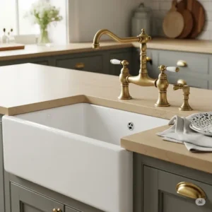 Elegant antique brass kitchen faucet paired with a classic sink, completing the kitchen's antique brass kitchen hardware theme.
