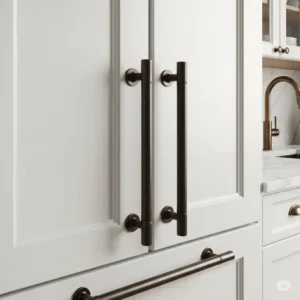"Heavy-duty bronze appliance pulls on an integrated refrigerator panel, illustrating their robust design and ability to complement other bronze kitchen hardware elements."