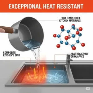 Graphic demonstrating the excellent heat resistance of composite kitchen sinks materials.