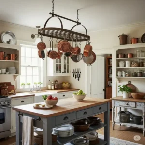 Rustic kitchen with a prominent copper kitchen hardware pot rack hanging above an island, displaying various copper pots and pans.