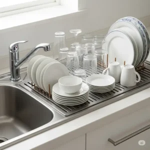 Dishes neatly arranged and drying on the convenient drainboard of a kitchen sink with drainboard.