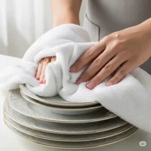 Hands gently drying delicate dishes with a soft, lint-free luxury kitchen towel, showcasing its practical use.