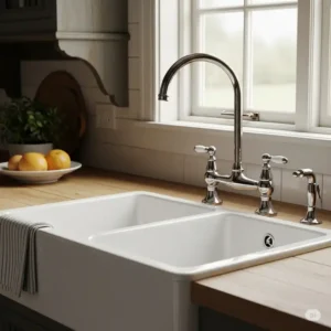 Classic white farmhouse kitchen sink with a gooseneck faucet, creating a charming kitchen sink and faucet combo for rustic or traditional homes.