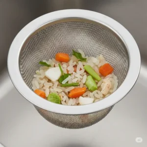 Visual representation of common food particles, like rice and vegetable scraps, effectively caught by a drain strainer kitchen.
