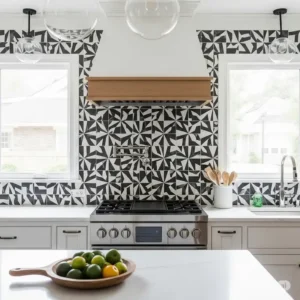 Dynamic kitchen backsplash with a bold black and white geometric tile pattern, creating a contemporary focal point in the room.