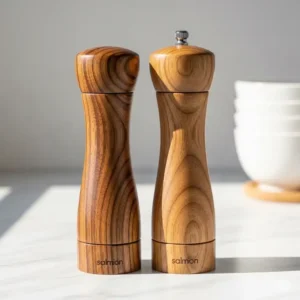 Elegant set of kitchen accessories wooden salt and pepper grinders, adding a touch of natural sophistication to the dining table or kitchen prep area.

